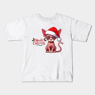 Christmas sphynx cat drawing. Funny Santa Claus cat. Kids T-Shirt